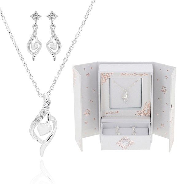 Equilibrium Gift Set Silver Plated Heart Teardrop Necklace & Earrings